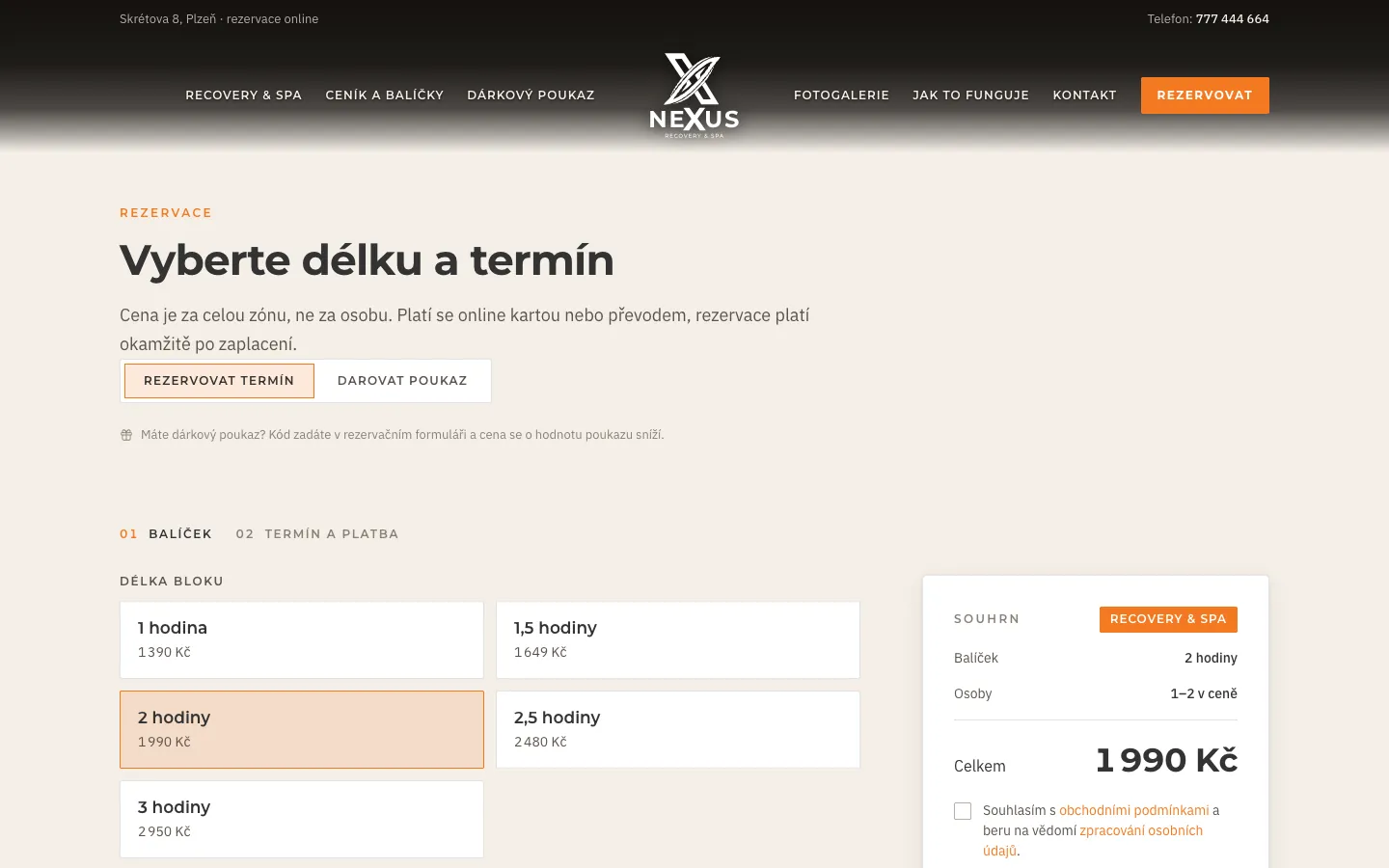 Online rezervace wellness — výběr délky bloku a cena za celou zónu