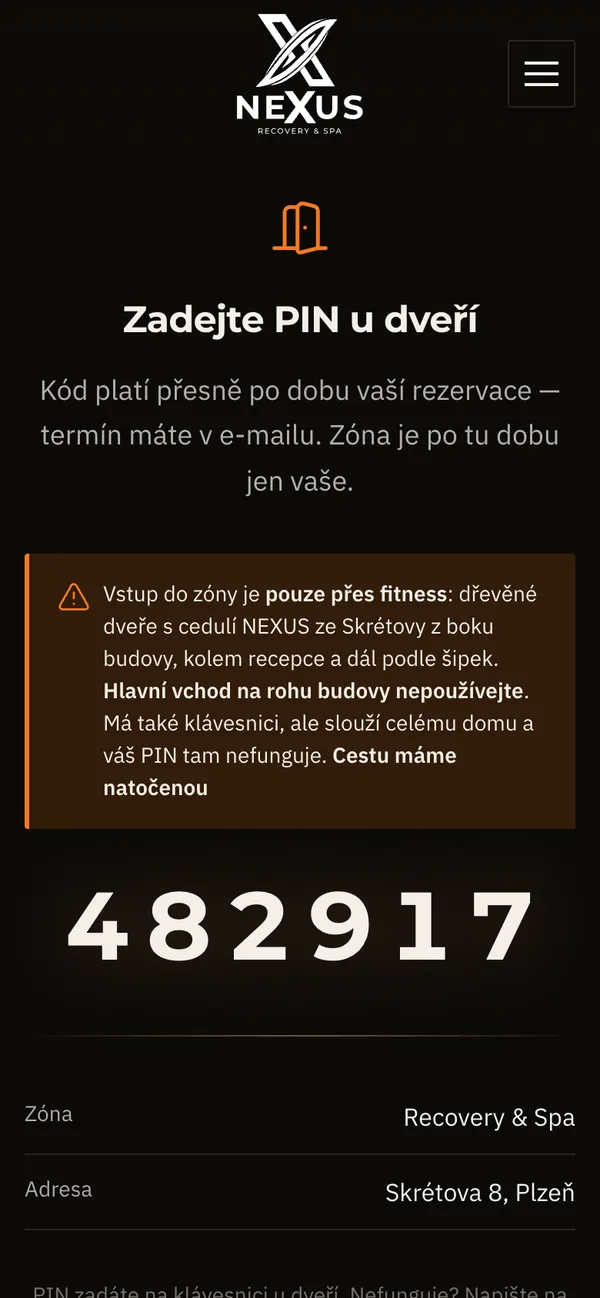 Stránka se vstupním PIN kódem do privátního wellness na mobilu