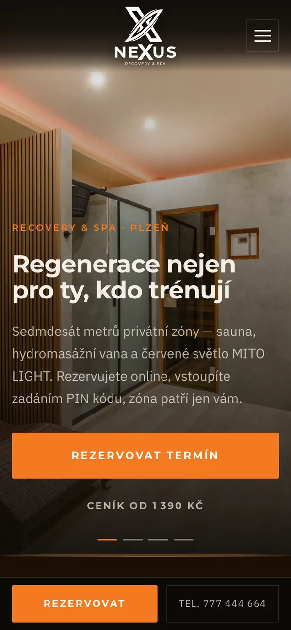Mobilní verze webu privátního wellness s lištou pro rezervaci