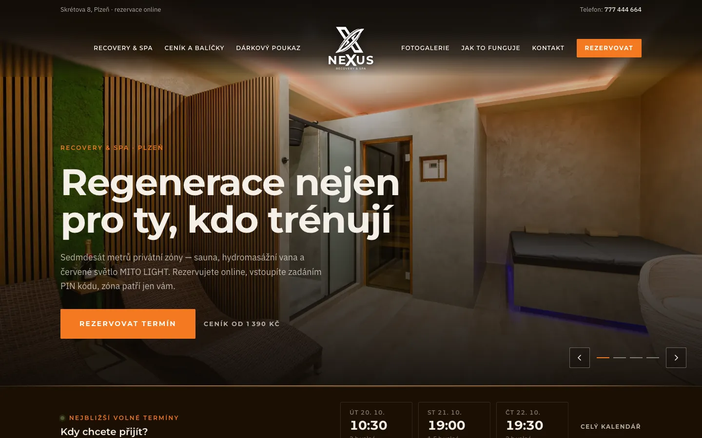 Úvodní stránka webu Nexus Recovery s online rezervací wellness v Plzni